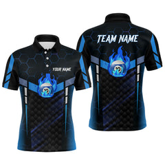 MaxCorners Blue Fire 10 Ball Customized Name 3D Billiard Polo Shirt For Men