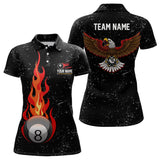 Maxcorners Personalized Grunge Black Flame 8 Ball Pool Polo Shirts Custom Eagle Billiard 8 Ball Shirt For Men And Women