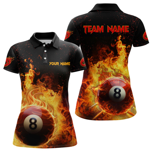 Maxcorners Personalized Fire 8 Ball Pool Black Billiard 3D Polo Shirts For Women, Custom Billiard Team Shirts