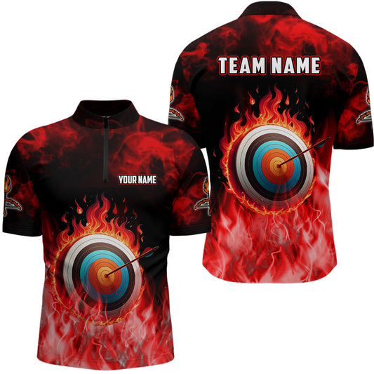 Maxcorners Personalized Red Flaming Target Archery 3D Polo Shirts For Men, Fire Bow And Arrow Archery Jerseys