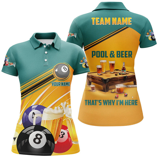 Maxcorners Funny Billiard Pool And Beer That'S Why I'M Here Custom 3D For Women Polo Shirts, Funny Pool Shirt