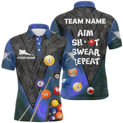 Maxcorners Billiards Aim Shoot Swear Repeat Custom Billiard Polo Shirts For Men, Blue Mens Billiard Jerseys