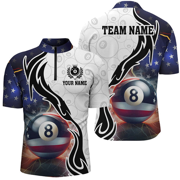 Maxcorners 3D 8 Ball Pool Lightning US Flag Personalized Billiard Shirts For Men, Patriotic Shirts For Pooler LM054