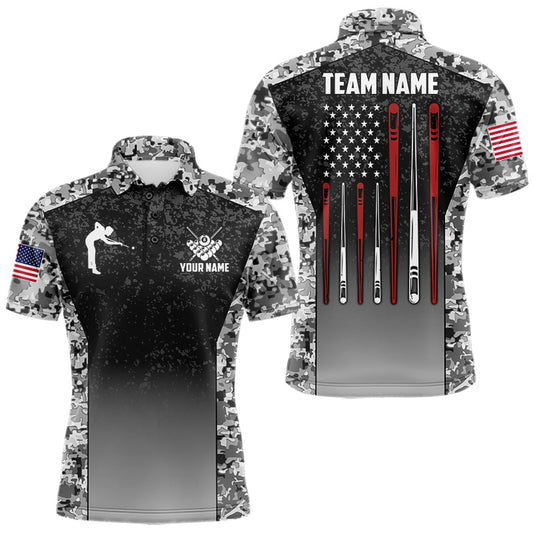 Maxcorners Black And White Camo US Flag 8 Ball Pool Shirt For Men Custom Billiard Team Jersey Polo & 1/4 Zip LM0607