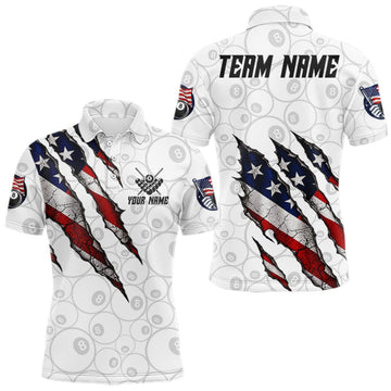 Maxcorners Personalized White Grunge American Flag Billiard Shirt For Men, Patriotic 8 Ball Pool Team Jersey LM0510