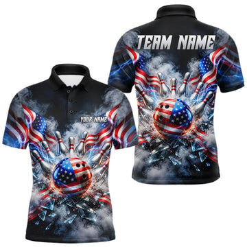 Maxcorners Custom Shattered Glass American Flag Smoke Bowling Shirts For Men, Patriotic Bowling Team Jersey LM0510