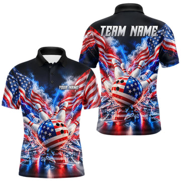 Maxcorners Custom Shattered Glass Smoke American Flag Bowling Jersey For Men, Patriotic Bowling Team Shirts LM0510
