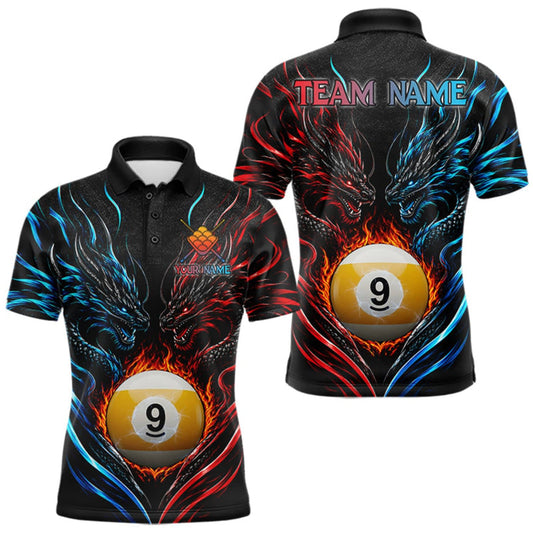 Maxcorners Blue And Red Custom Dragon 9 Ball Fire Billiard Shirts For Men, Pool Team Jersey Polo & 1/4 Zip LM0510