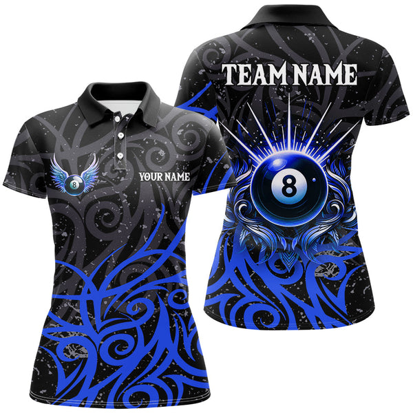 Maxcorners Blue 8 Ball Pool Wings Swirl Pattern Custom Billiard Shirts For Women Unique Billiard Jerseys