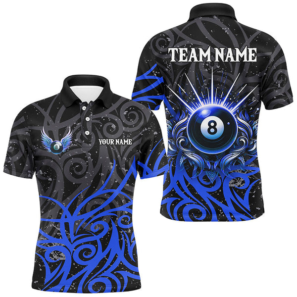 Maxcorners Blue 8 Ball Pool Wings Swirl Pattern Custom Billiard Shirts For Men Unique Billiard Jerseys