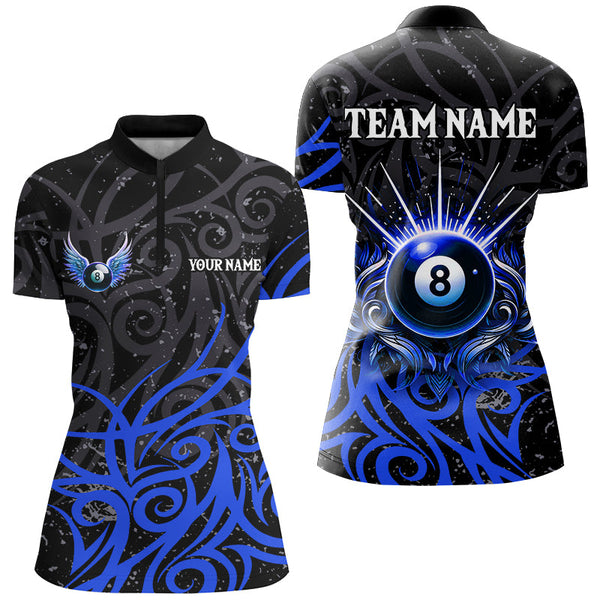 Maxcorners Blue 8 Ball Pool Wings Swirl Pattern Custom Billiard Shirts For Women Unique Billiard Jerseys