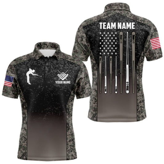 Maxcorners Custom Vintage Camo US Flag 8 Ball Pool Shirt For Men, Billiard Team Jersey Polo & 1/4 Zip LM0510