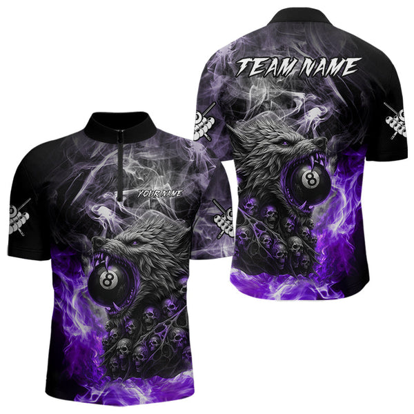 Maxcorners Personalized Purple 8 Ball Pool Wolf And Skull Billiard Shirt For Men, Smoke Billiard Team Jerseys LM1506