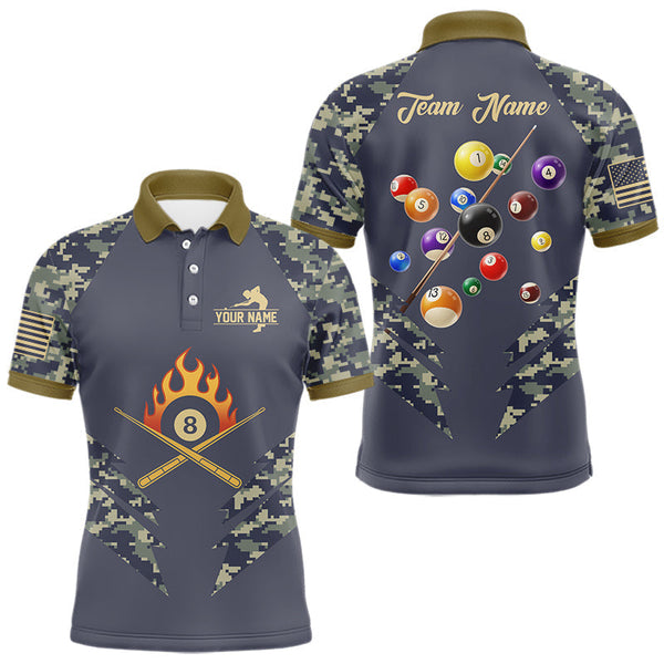 Maxcorners Personalized Flame 8 Ball Camo Billiard Shirts Custom Navy Blue Pool Team Jerseys Polo & 1/4 Zip TU0807