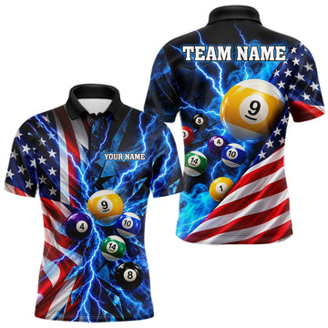 Maxcorners Blue Lightning Thunder American Flag Billiard Shirt For Men Custom Pool Balls Billiard Team Jersey