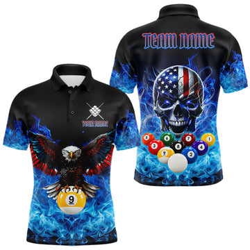 Maxcorners Blue Flame Smoke American Flag Eagle Skull Billiard Shirt For Men Custom 9 Ball Pool Team Jersey