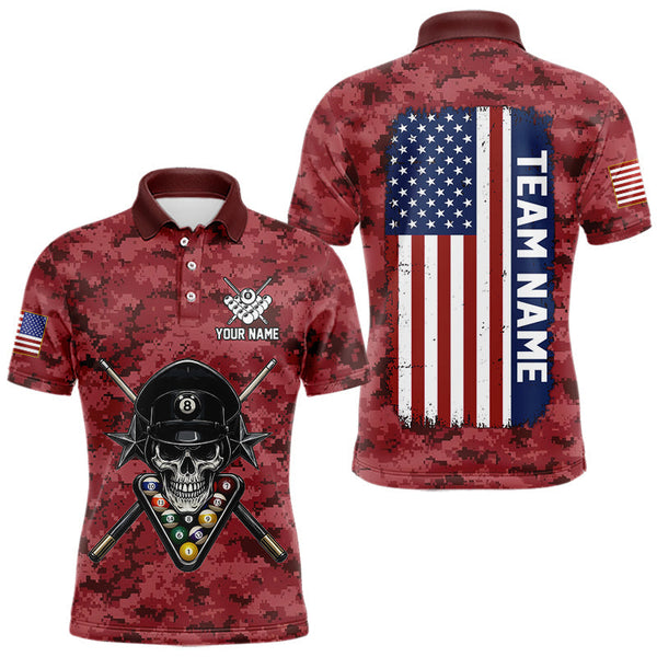 Maxcorners Personalized Red Camo Skull Billiard Shirt For Men Custom Patriotic US Flag Pool Team Jersey LM0611