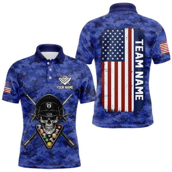 Maxcorners Personalized Blue Camo Skull Billiard Shirt For Men Custom Patriotic US Flag Pool Team Jersey LM0611