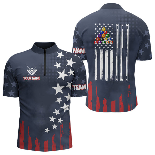 Maxcorners Personalized American Flag Blue Navy Billiard Shirt For Men Custom Patriotic Billiard Pool Jerseys