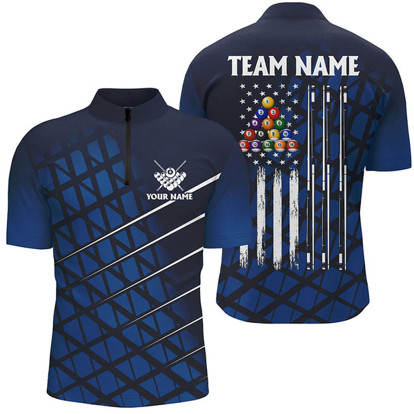 Maxcorners Personalized Blue Grunge American Flag Men Billiard Polo Shirts Custom Pool Player Jersey Shirts LM054