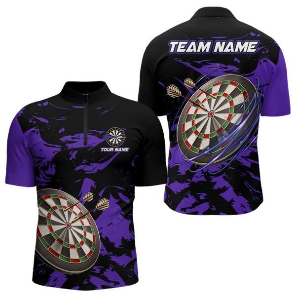 Maxcorners Personalized Black And Purple Splash Dart Polo & Quarter Zip Custom Dart Shirt For Men Darts Jersey LM1506
