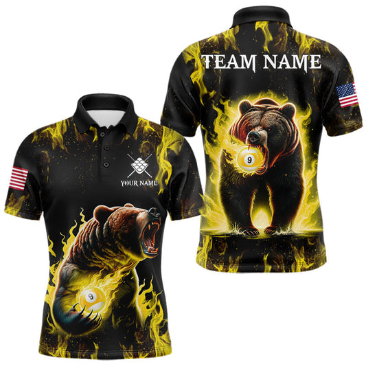 Maxcorners Custom Yellow Flaming 9 Ball Pool Bear Billiard Shirts For Men, Pool Team Jersey Polo & 1/4 Zip LM0607