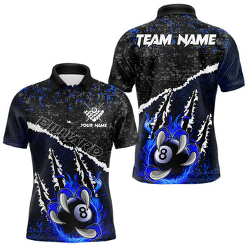 Maxcorners Black and Blue Flaming Claw 8 Ball Billiard Pool Shirts for Men Custom Billiard League Team Jersey LM2709