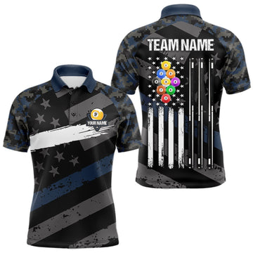 Maxcorners Blue Camo US Flag 9 Ball Billiard Pool Shirts for Men Custom Patriotic Billiard Team Jersey LM2709
