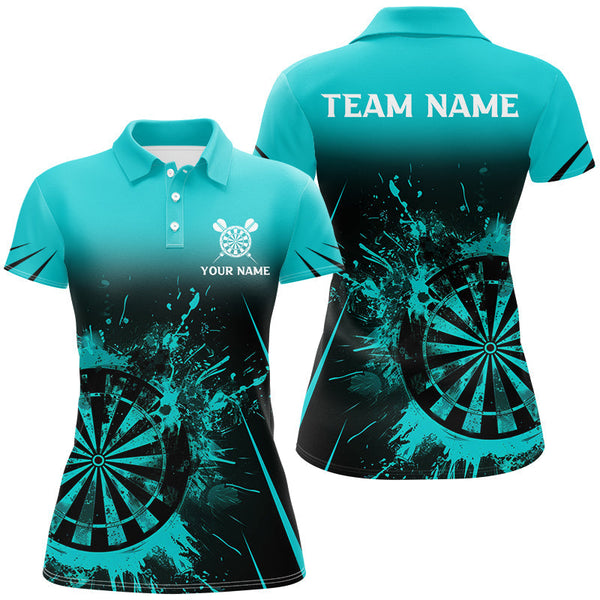 Maxcorners Turquoise Grunge Dart Polo & Quarter-Zip Shirts For Women Custom Retro Darts Board Team Dart Jerseys