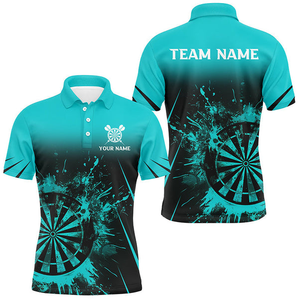 Maxcorners Turquoise Grunge Dart Polo & Quarter-Zip Shirts For Men Custom Retro Darts Board Team Dart Jerseys