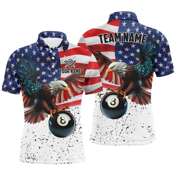 Maxcorners Billiard 8 Ball Eagle American Flag Personalized Men Polo Shirt, Patriotic 3D Eagle Billiard Shirts