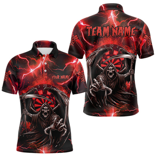 Maxcorners Personalized Red Grim Reaper Custom Thunder Lightning Men Dart Shirts, 3D Darts Team Jerseys