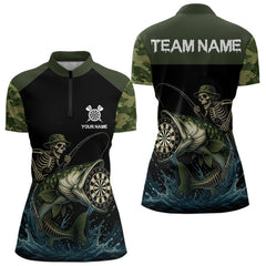 Maxcorners Funny Green Camo Skeleton Fishing Dart Shirt With Pocket Custom Men'sJersey