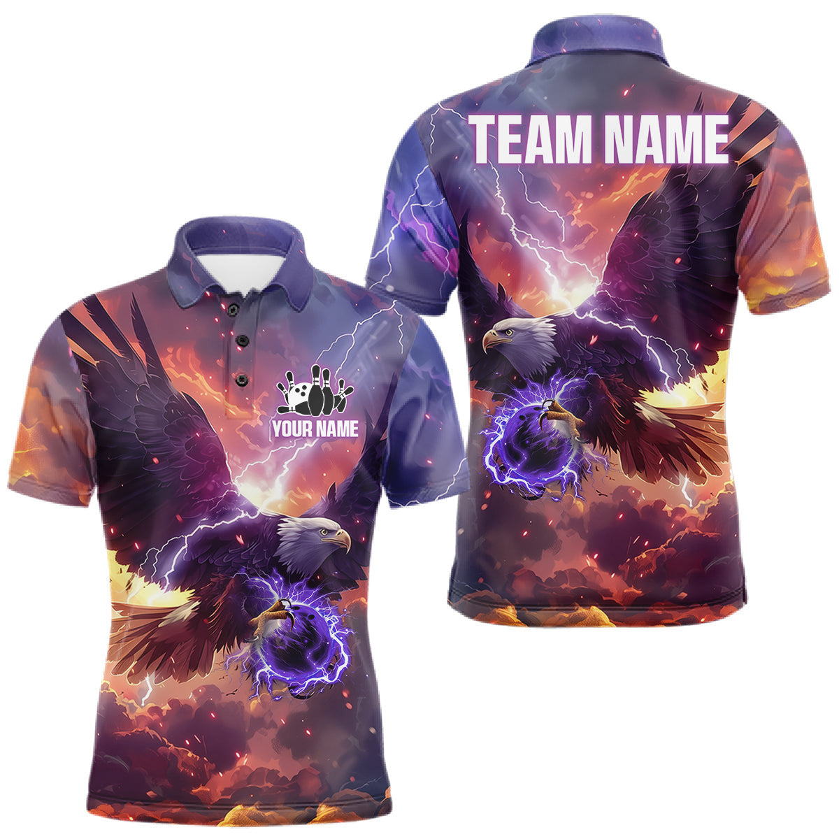 Maxcorners Orange And Purple Lightning Thunder Custom Eagle Bowling Shirts For Men Bowling League Team Jersey