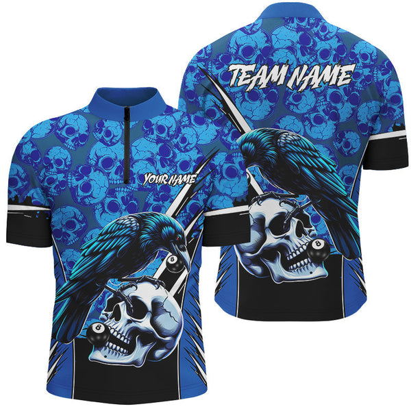 Maxcorners Blue Skull Pattern Custom Billiard Shirts For Men & Women, Scary Billiard Shirts Pool Team Jerseys