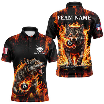 Maxcorners Custom Orange Flaming 8 Ball Pool Wolf Billiard Shirts For Men, Pool Team Jersey Polo & 1/4 Zip