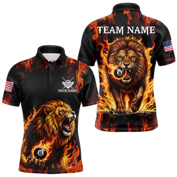 Maxcorners Custom Orange Flaming 8 Ball Pool Lion Billiard Shirts For Men, Pool Team Jersey Polo & 1/4 Zip