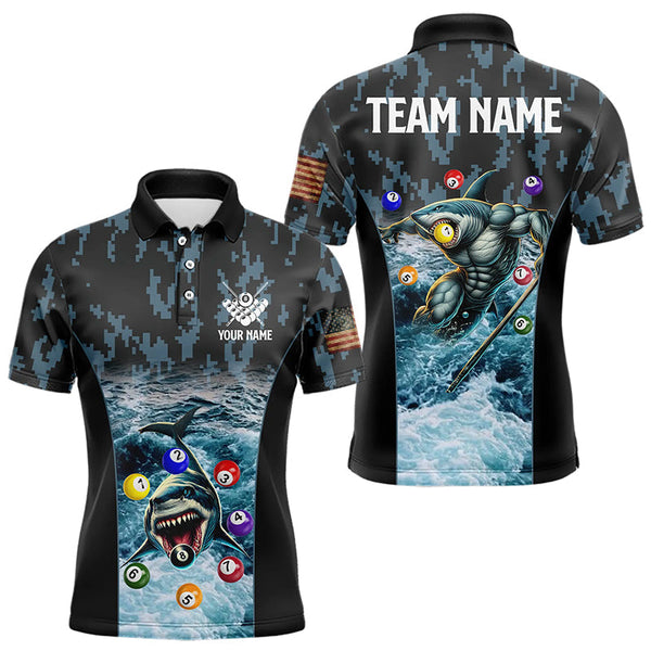 Maxcorners Blue Pool Ball Wave Ocean Custom Shark Billiard Polo & Quarter Zip For Men Billiard League Jerseys