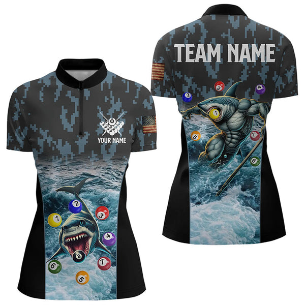 Maxcorners Blue Pool Ball Wave Ocean Custom Shark Billiard Polo & Quarter Zip For Men Billiard League Jerseys