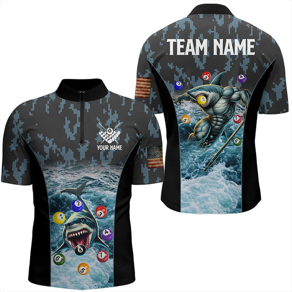 Maxcorners Blue Pool Ball Wave Ocean Custom Shark Billiard Polo & Quarter Zip For Men Billiard League Jerseys