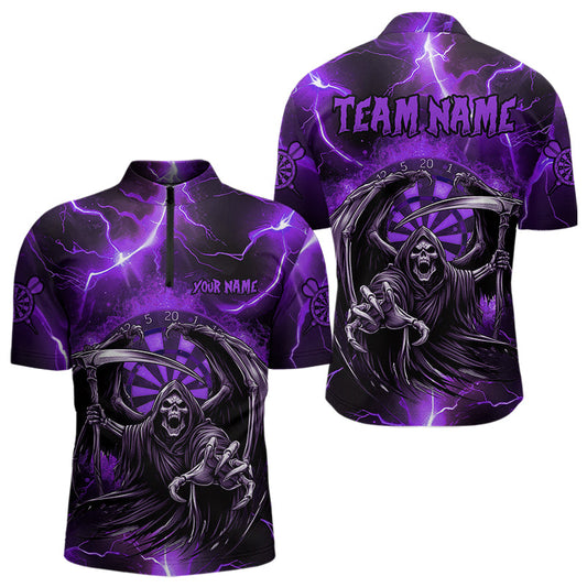 Maxcorners Personalized Purple Death Skeleton Custom Thunder Lightning Men Dart Shirts, 3D Darts Team Jerseys