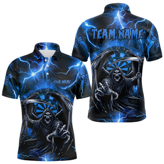 Maxcorners Personalized Blue Death Skeleton Custom Thunder Lightning Men Dart Shirts, 3D Darts Team Jerseys