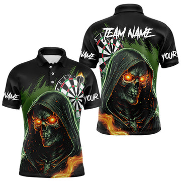 Maxcorners Personalized Green Grim Reaper Fire Dart Shirts For Men Custom Skull Dart Jersey Polo & 1/4 Zip LM2512