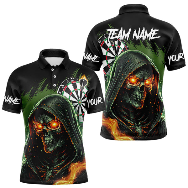 Maxcorners Personalized Green Death Skeleton Fire Dart Shirts For Men Custom Skull Dart Jersey Polo & 1/4 Zip