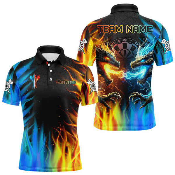 Maxcorners Personalized Dragon Water Fire 3D Dart Polo & Quarter Zip Custom Dart Shirts For Men Dart Jerseys