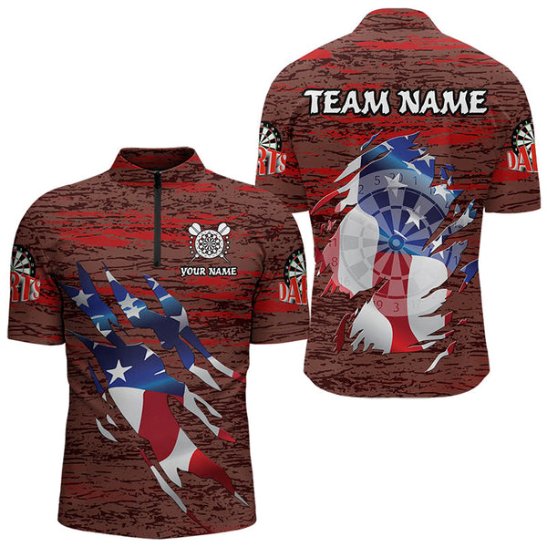 Maxcorners Personalized Red Grunge American Flag Darts Shirts For Men Custom Patriotic Darts Team Jerseys