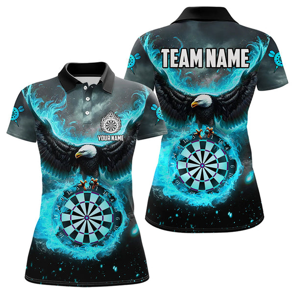 Maxcorners Personalized Blue Cyan Fire Flame Dartboard Eagle 3D Women Dart Shirt, Darts League Team Shirt Jersey