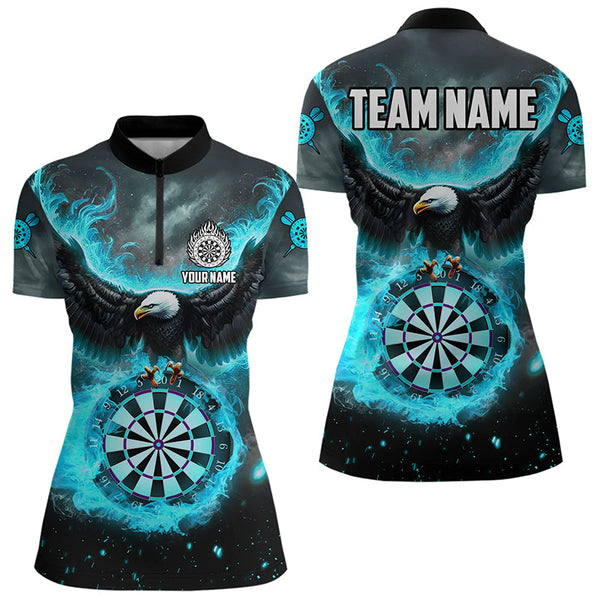 Maxcorners Personalized Blue Cyan Fire Flame Dartboard Eagle 3D Women Dart Shirt, Darts League Team Shirt Jersey