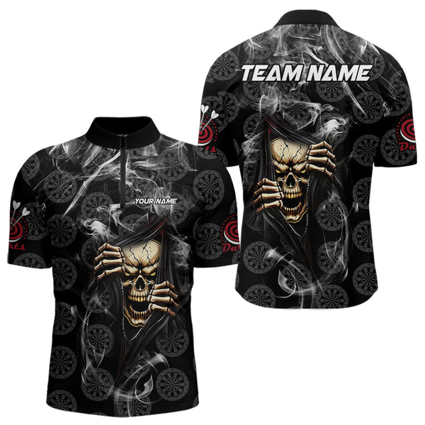 Maxcorners Personalized Skull Dartboard Smoke Pattern Black Dart Shirts For Men Dart Jerseys Polo & 1/4 Zip LM0803