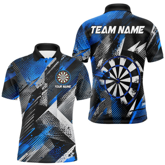 Maxcorners Personalized Blue Geometric Grunge Darts Shirt For Men Custom Darts Team Jersey Polo & 1/4 Zip LM1005